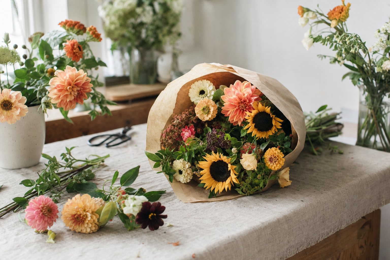 Early autumn dahlias, zinnias and sunflowers on a bright flower shop counter with brown wrapping paper