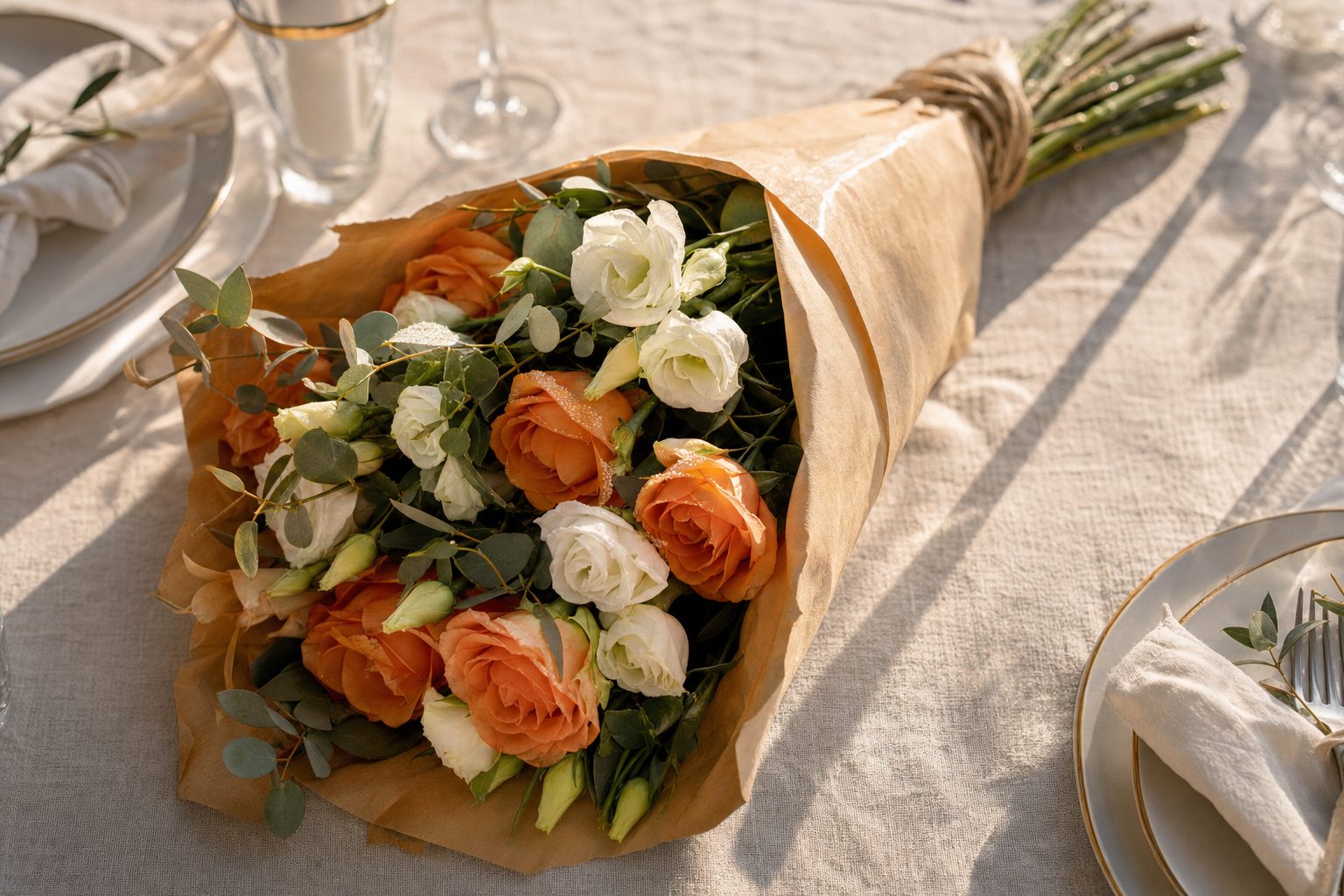A paper-wrapped autumn bouquet sitting on a frosted porch step in bright morning sunlight