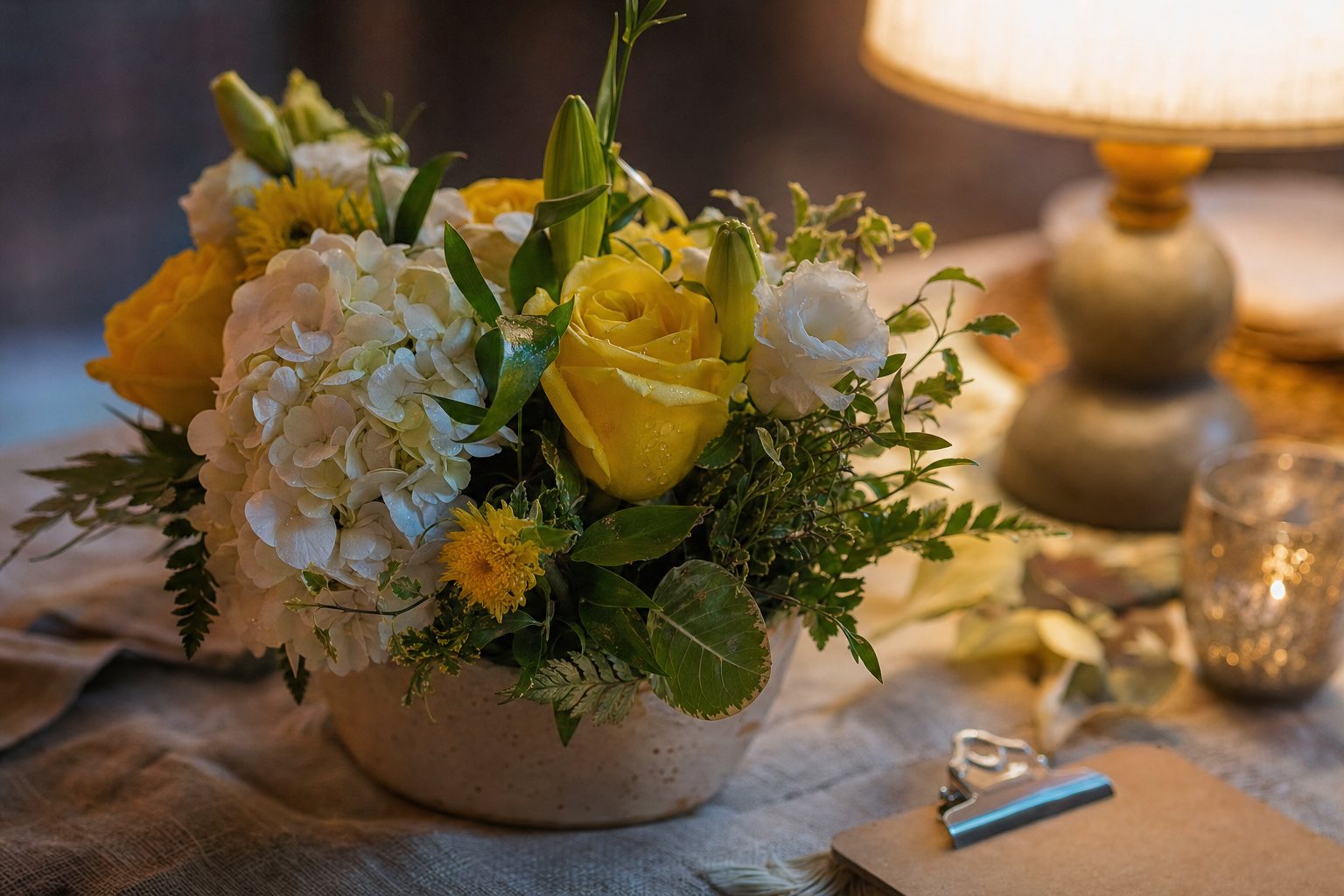 A compact yellow and white flower arrangement in a low ceramic container on a sunlit florist's workbench beside a delivery clipboard