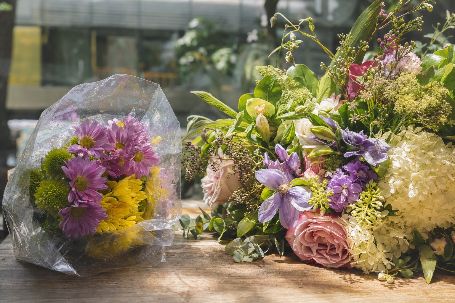 A sleeved supermarket bunch of flowers beside a lush hand-tied florist bouquet on a sunlit wooden table