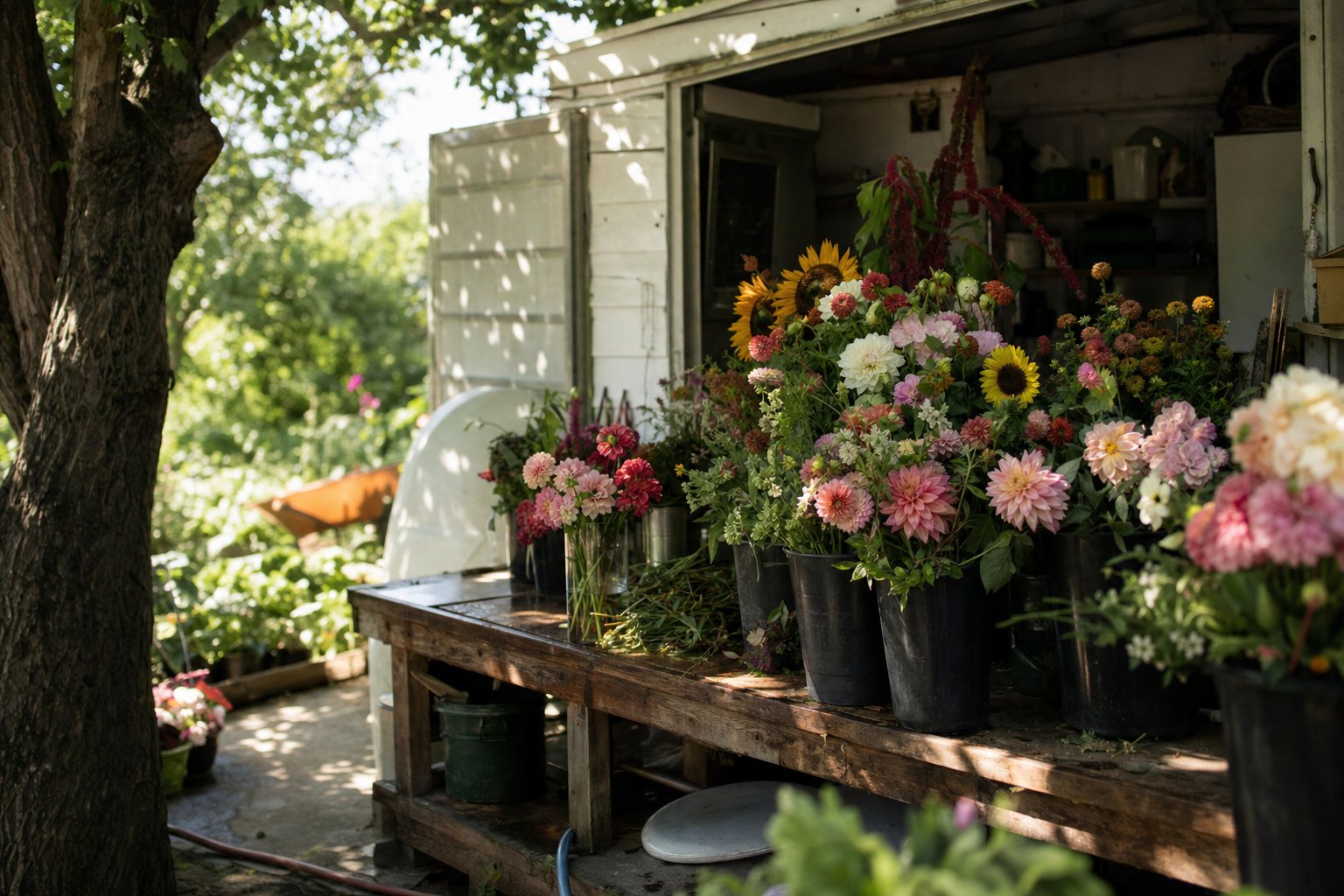 Sunlit florist workroom with buckets of dahlias, sunflowers and zinnias on a wooden work bench