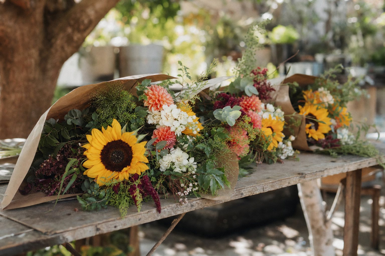 Wrapped bouquets of sunflowers and dahlias lined up on a florist bench ready for the delivery van