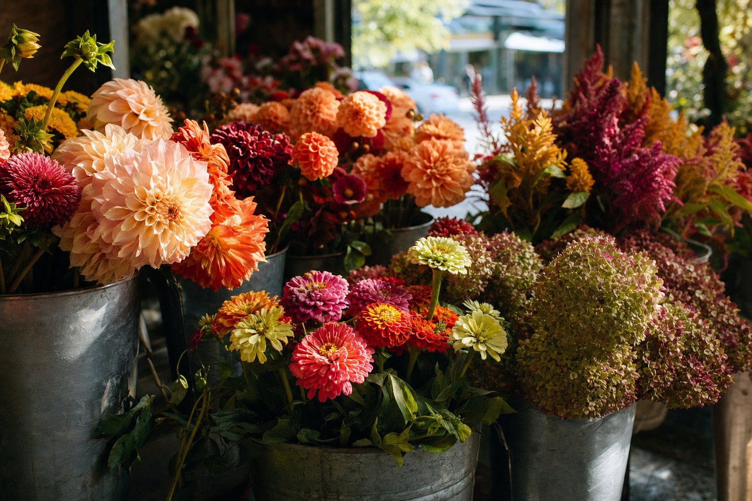 Buckets of dahlias, zinnias, celosia and antique hydrangea on a sunny flower shop counter in early autumn