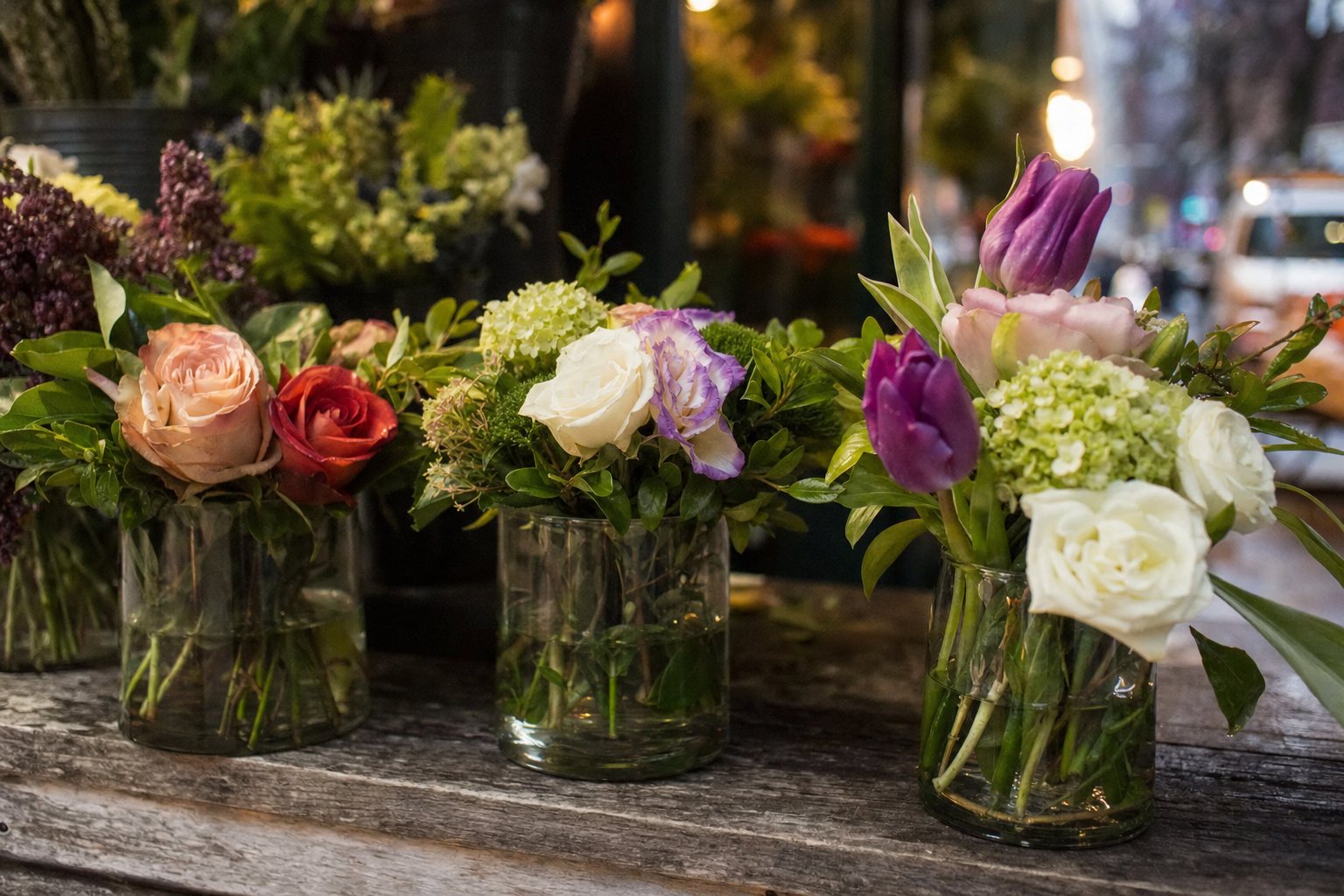 Three small fresh arrangements lined up on a florist's workbench in morning light