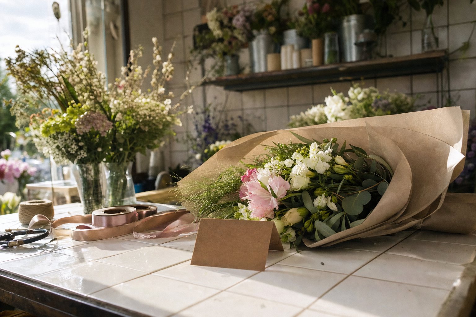 Sunlit flower shop counter with a wrapped bouquet, ribbon spools and a small thank-you card