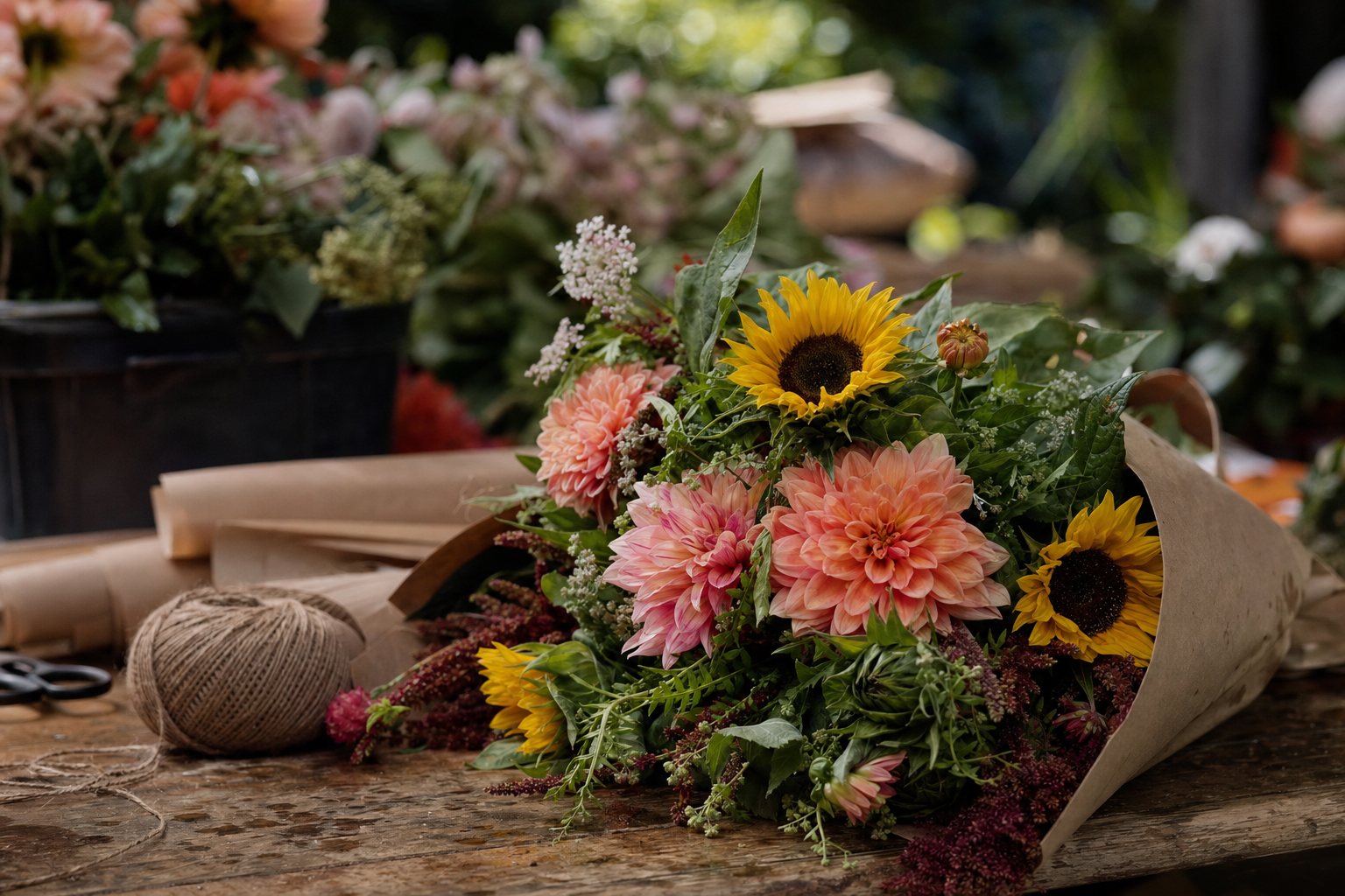 Late-summer dahlias and sunflowers on a bright flower shop counter with kraft paper and twine