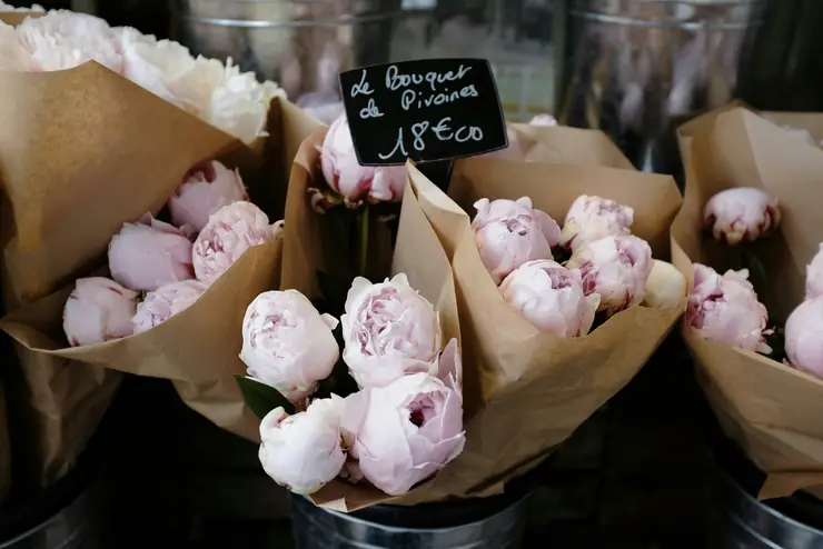 Bouquets of peonies wrapped in paper with a chalkboard price tag at a florist