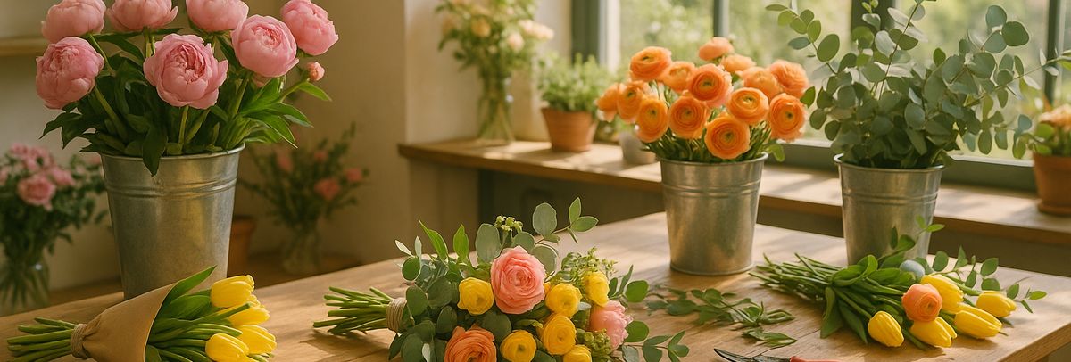 A florist's workbench with bouquets in progress