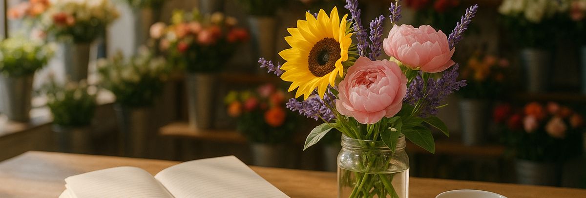 A flower shop counter with notebooks and a jar of flowers