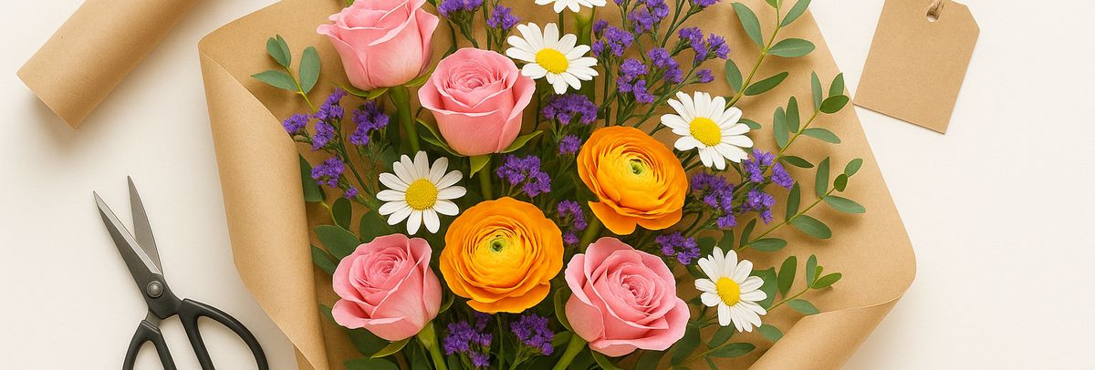 A bouquet being wrapped on a florist's table
